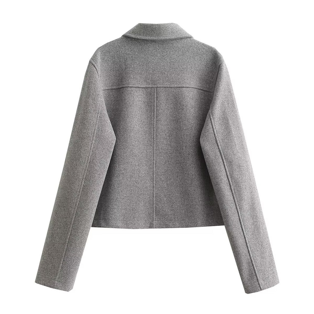Women's short wool jacket with gold button front, patch flap pockets, and tailored silhouette Mune Fashion