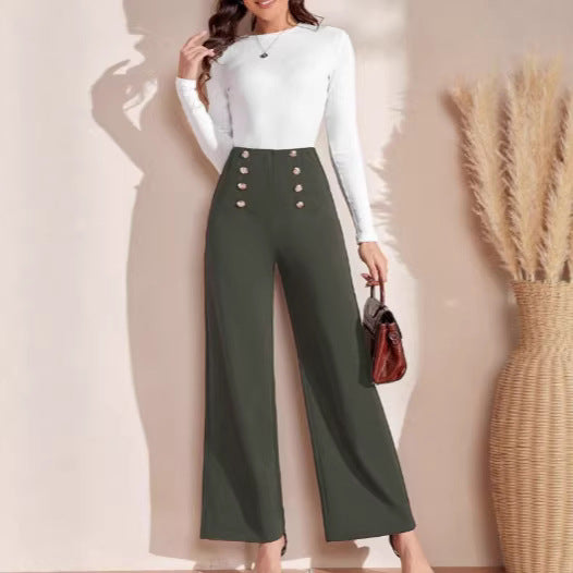 Women’s high-waisted trousers with wide leg, maritime-inspired decorative buttons Mune Fashion