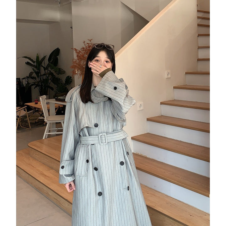 Women’s Long Pinstripe Trench Coat with Tie Belt Shoulder Straps and Flared Hem Mune Fashion