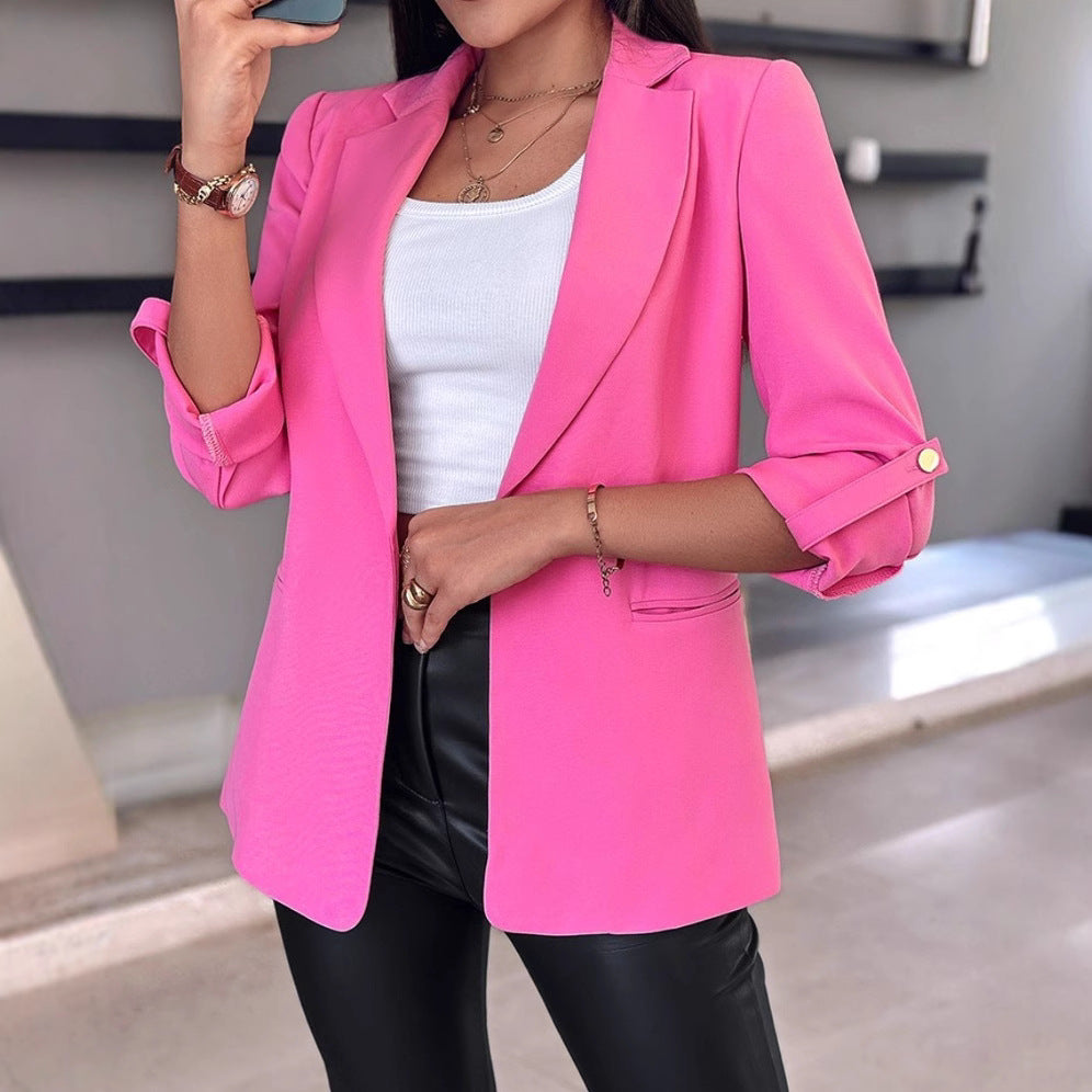 Women's tailored long blazer with lapel, rolled-up sleeves, and hidden side pockets Mune Fashion