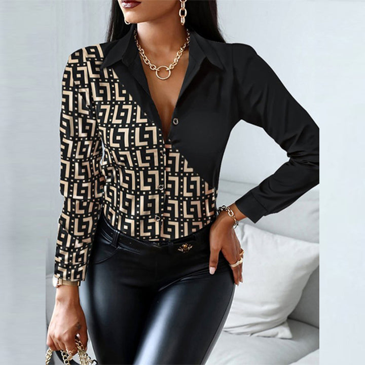 Women's fitted shirt blouse with geometric print and asymmetrical contrast trim Mune Fashion