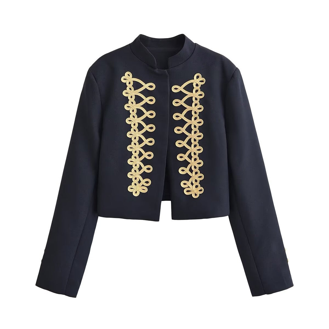Women Short Military Jacket with Gold-Embellished Cord Application Drune