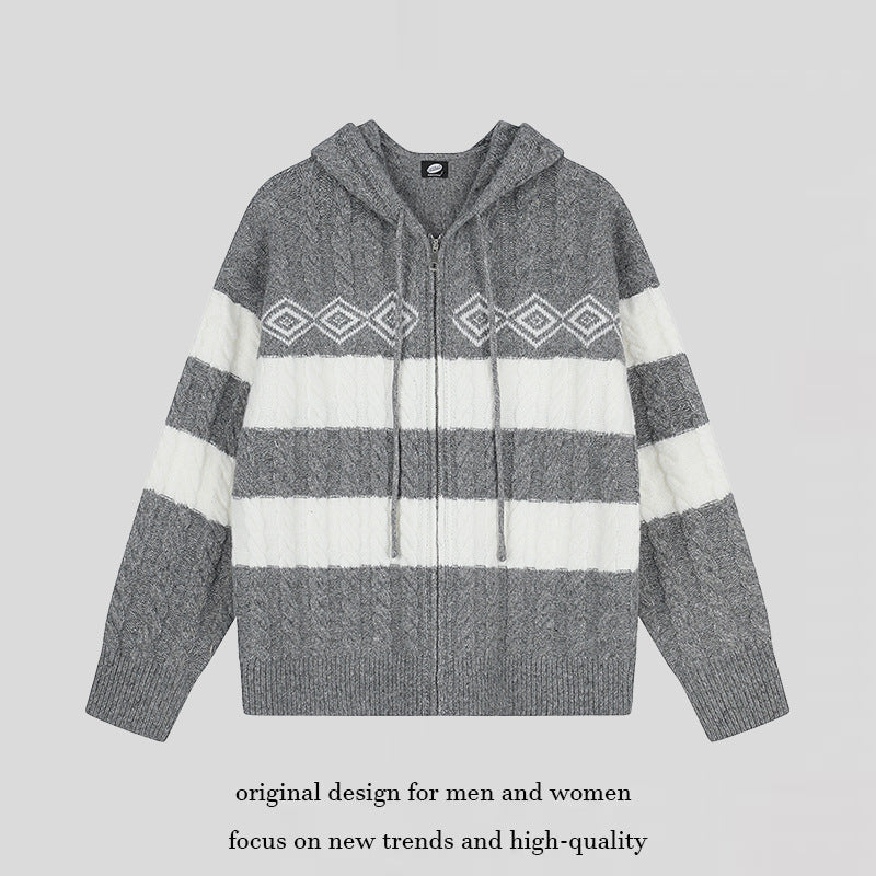 Women's chunky knit hooded cardigan with cable knit, block stripes, and full-length zipper Mune Fashion