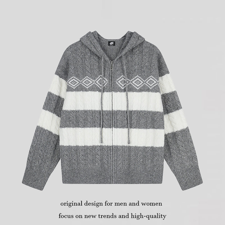 Women's chunky knit hooded cardigan with cable knit, block stripes, and full-length zipper Mune Fashion