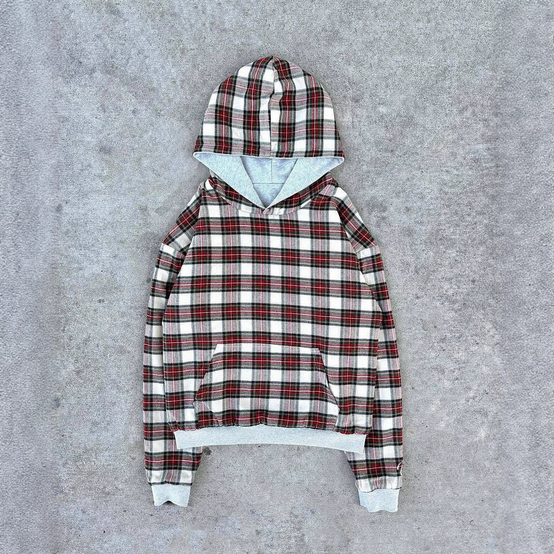 Ladies short-cut hoodie with checkered flannel lining and kangaroo pocket Mune Fashion