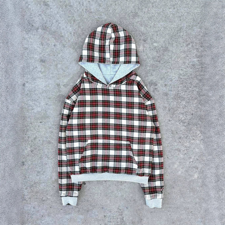 Ladies short-cut hoodie with checkered flannel lining and kangaroo pocket Mune Fashion