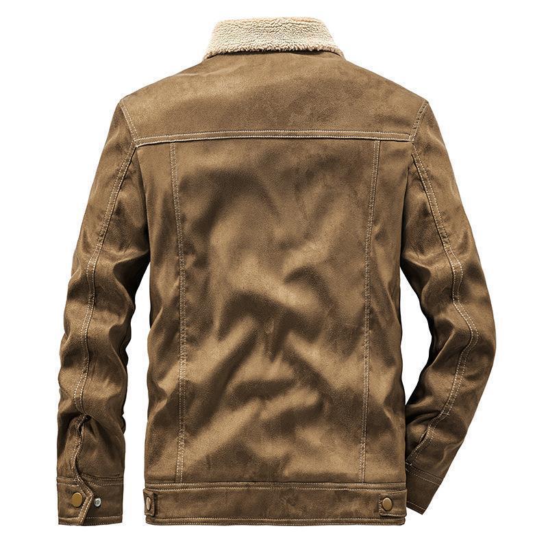 Men's Suede-Look Trucker Jacket with Teddy Lining and Snap Button Closure Mune Fashion