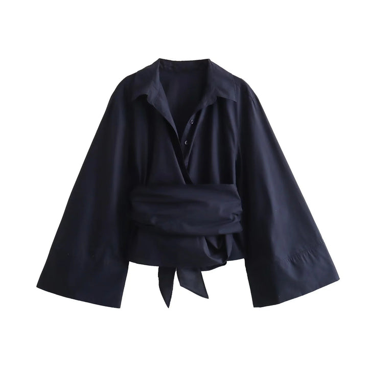 Women 200+ elegant wrap blouse with wide kimono sleeves and waist tie Mune Fashion