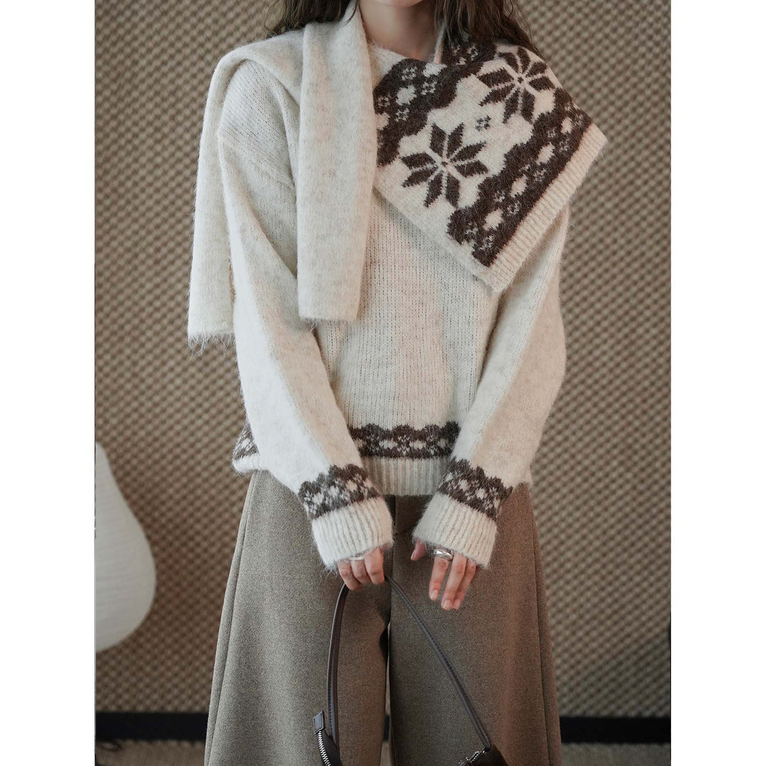Women's Cozy Fine Knit Pullover with Integrated Shoulder Scarf and Jacquard Hem Mune Fashion
