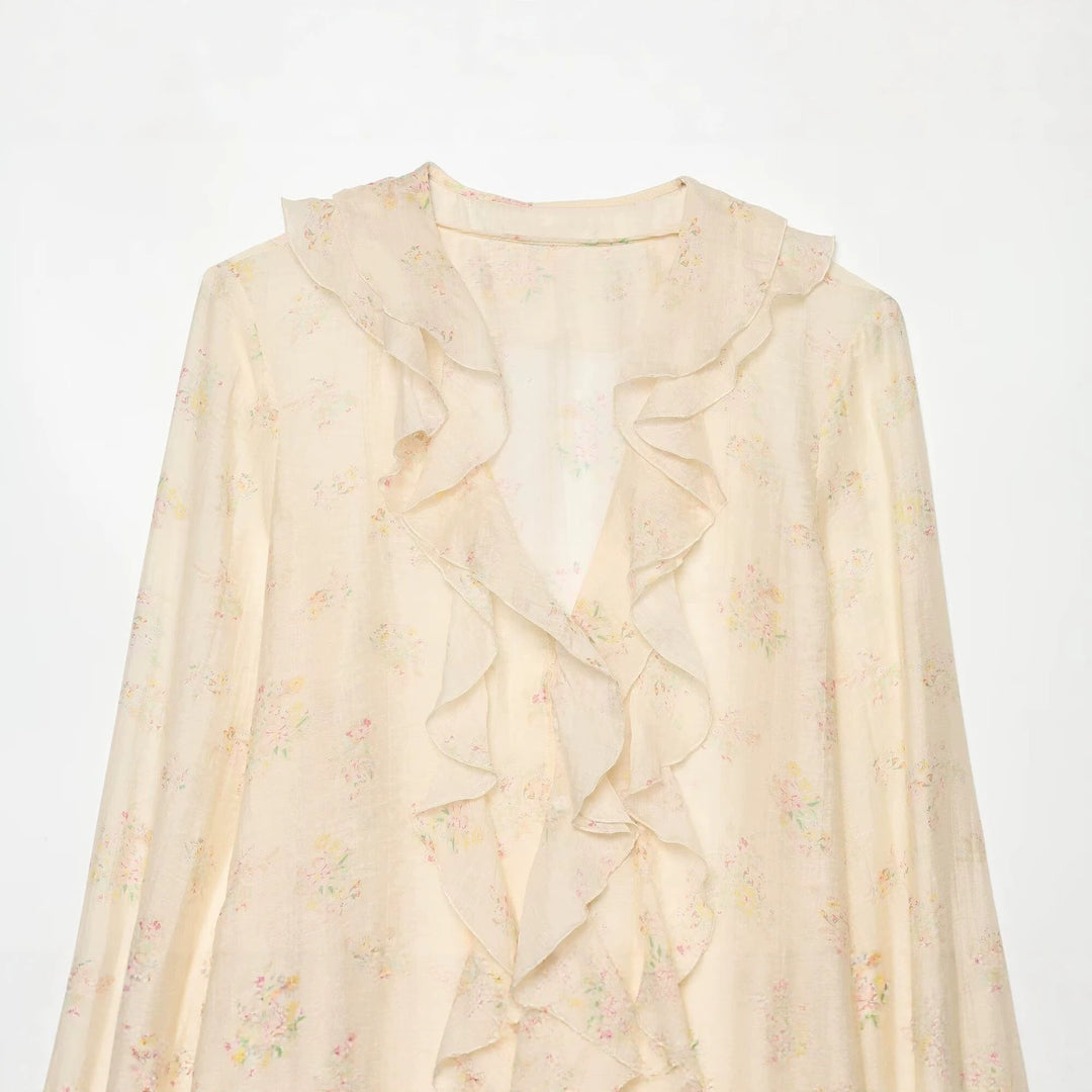 Women's chiffon blouse with ruffle front, tie cuffs and gathered sleeves Mune Fashion