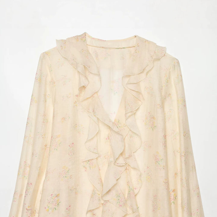 Women's chiffon blouse with ruffle front, tie cuffs and gathered sleeves Mune Fashion