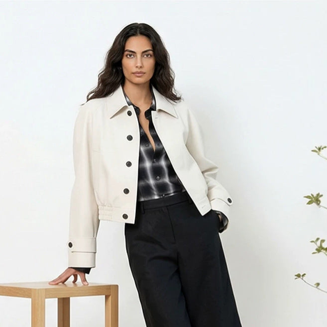 Women's Short Boxy Blouson with Elastic Hem and Distinctive Button Details Mune Fashion