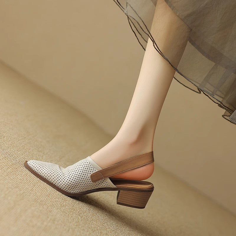 Women's pointed slip-ons with heel strap, perforated upper material and comfortable block heel Mune Fashion