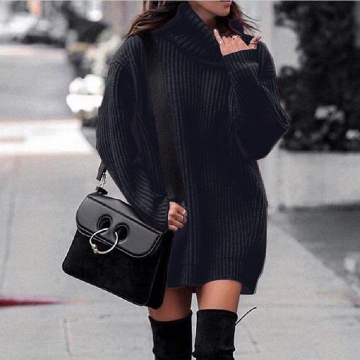 Women Oversized Long Sweater with Roll Neck, Ribbed Fine Knit and Figure-Flattering Tunic Length Mune Fashion
