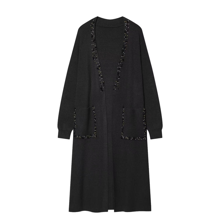 Ladies long knitted cardigan with pearl detailing Mune Fashion