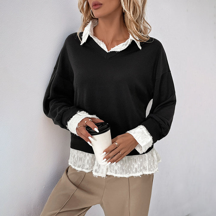 Women's layered fine knit sweater with V-neck and integrated lace blouse insert Mune Fashion