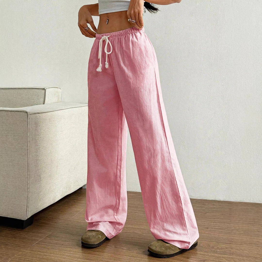 Ladies Wide Linen Look Pants with Elastic Waistband, Drawstring and Side Pockets Mune Fashion