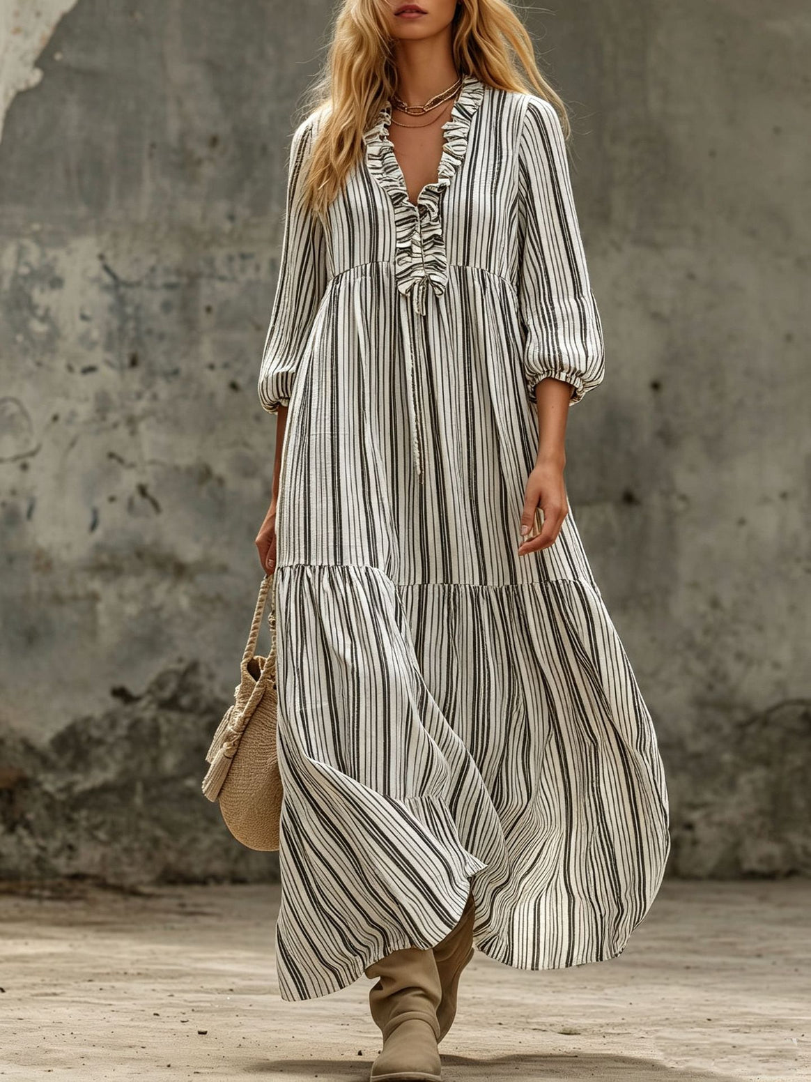Women's Maxi Dress with Ruffle V-Neck and Balloon Sleeves Mune Fashion