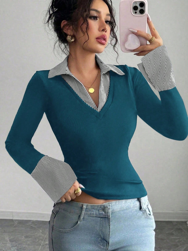 Women's Fitted Fine Knit Top with Shirt Collar and Contrast Cuffs Mune Fashion