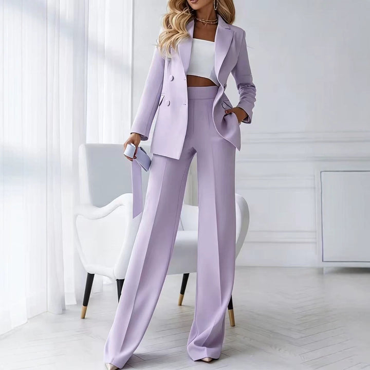 Women's two-piece business pantsuit with tailored double-breasted blazer and high-waisted palazzo pants Mune Fashion