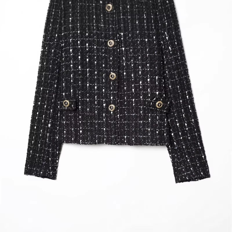 Women's short bouclé tweed jacket with stand-up collar, decorative buttons and patch pockets Mune Fashion