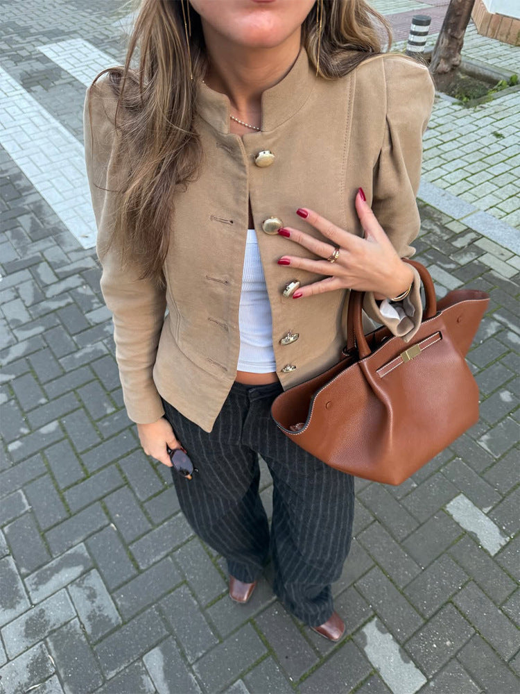 Women's Tailored Suede Look Blazer with Stand-Up Collar and Golden Decorative Buttons Mune Fashion