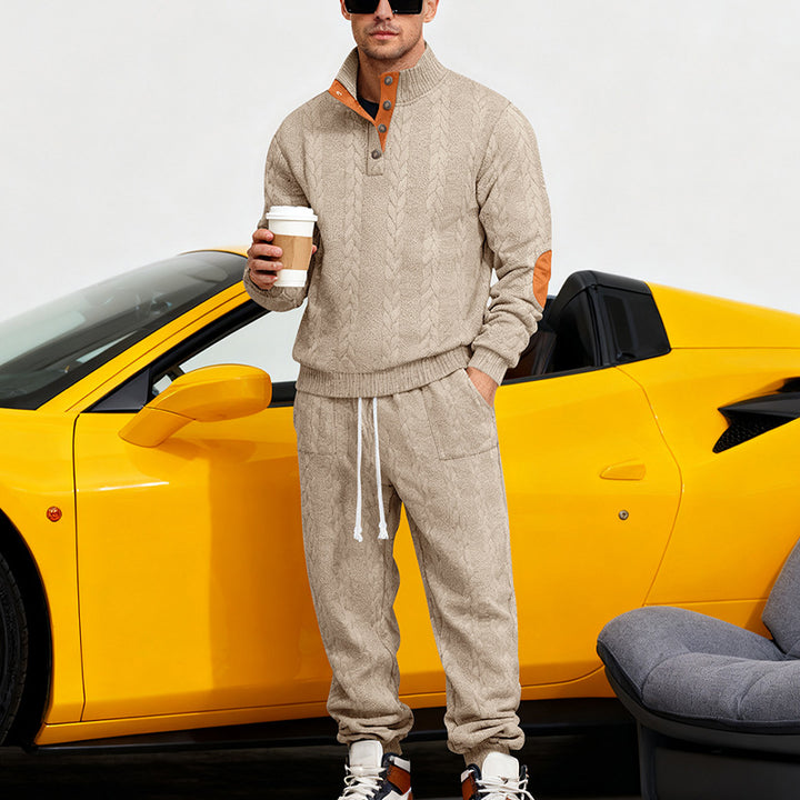 Men's knitted combination of sweater and joggers with cable pattern and elbow patches Mune Fashion