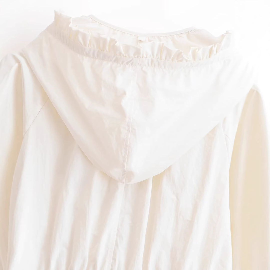 Women's Lightweight Cropped Transitional Jacket with Ruffled Collar, Drawstring and Elastic Cuffs Mune Fashion