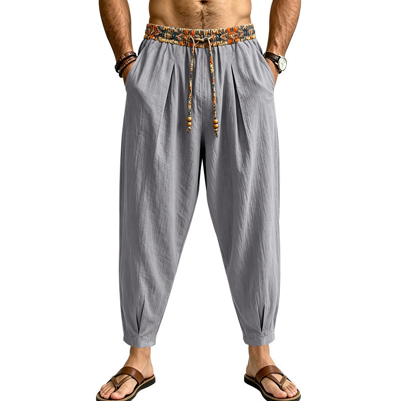 Men's loosely cut harem pants made of linen mix with patterned drawstring Mune Fashion
