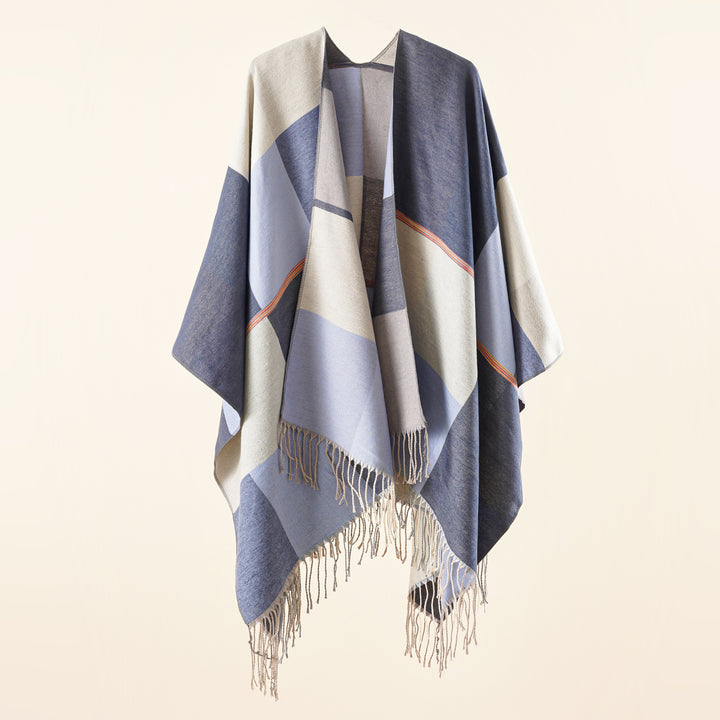Ladies Lightweight Woven Ruana with Geometric Block Pattern and Fringe Hem Mune Fashion