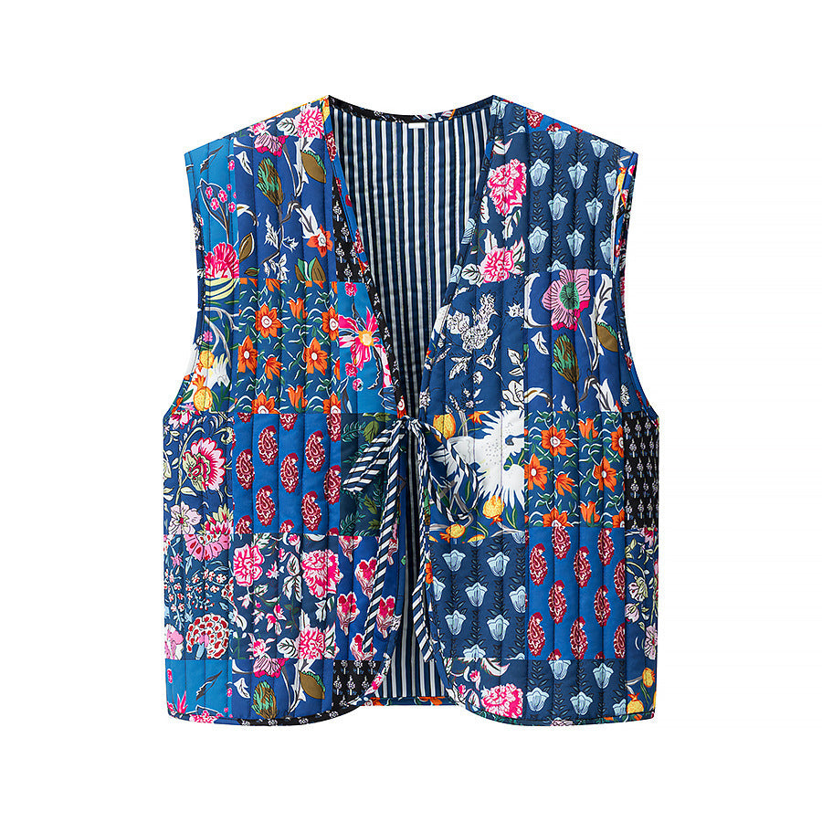 Women's Quilted Vest with Ties, diamond quilting and striped design Mune Fashion