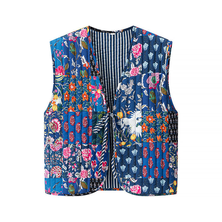 Women's Quilted Vest with Ties, diamond quilting and striped design Mune Fashion