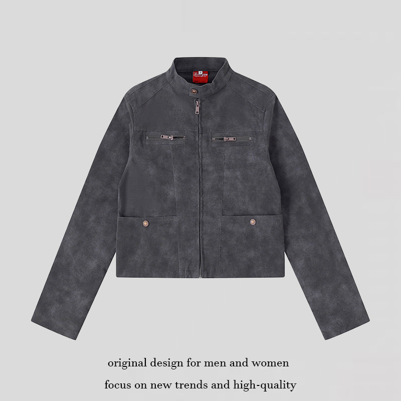 Women's short cut biker jacket in suede look with stand-up collar and chest zipper Mune Fashion