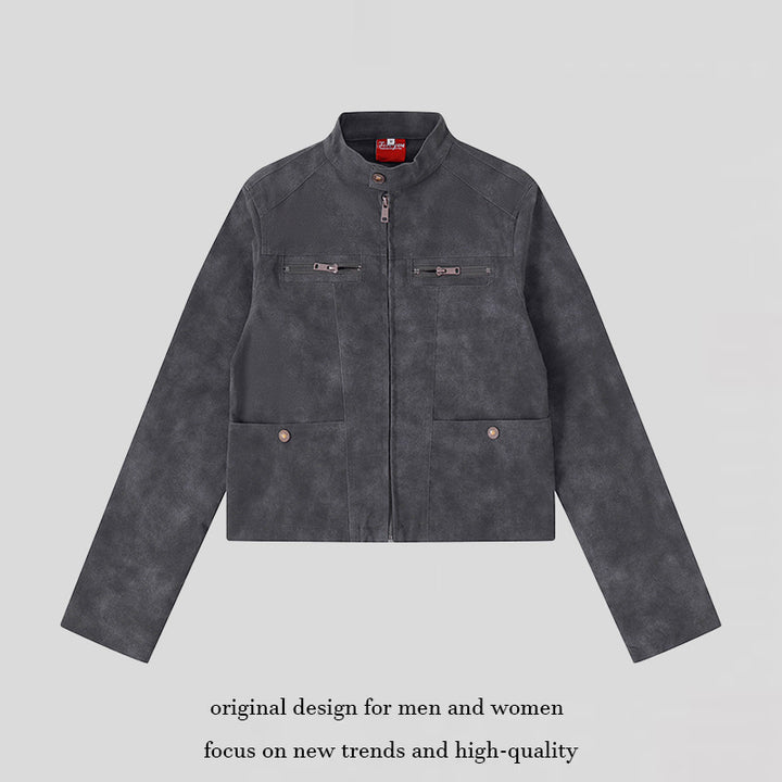 Women's short cut biker jacket in suede look with stand-up collar and chest zipper Mune Fashion