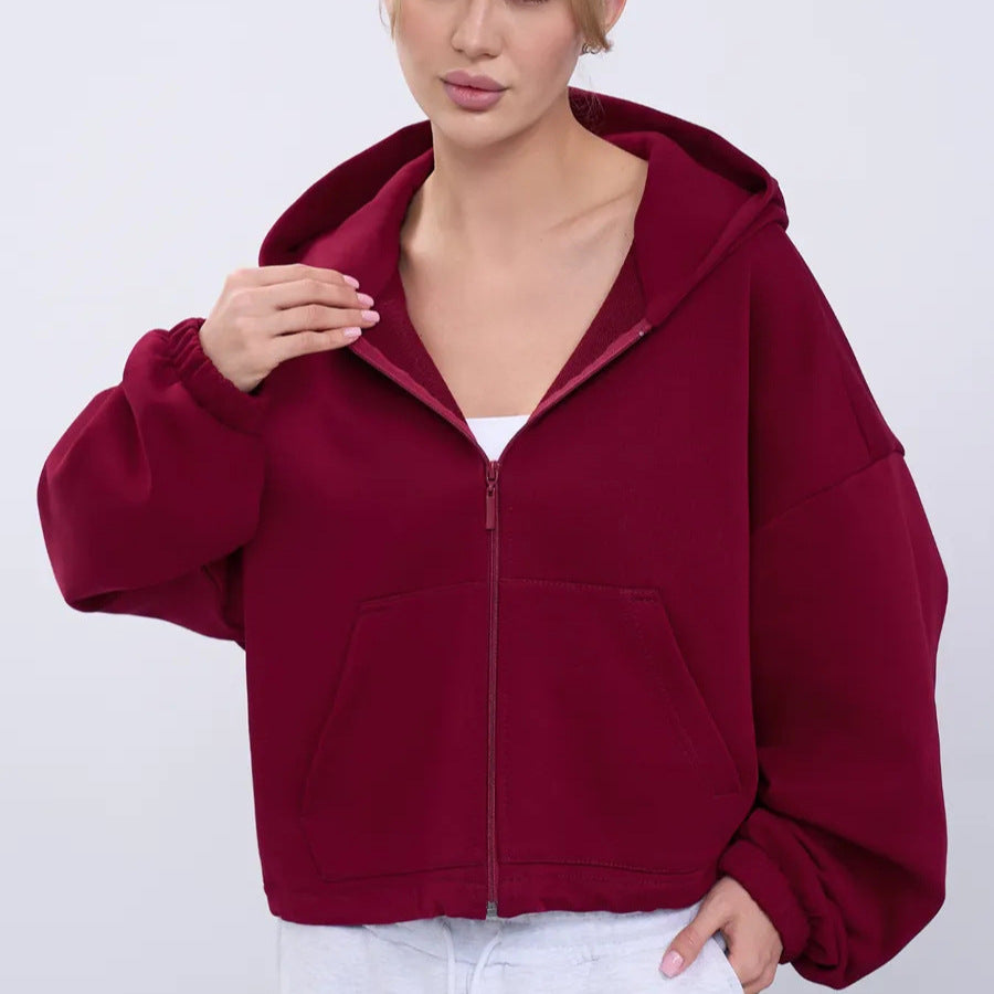 Women's casual cropped fleece hoodie with drawstring waistband, raglan sleeves and zip closure
