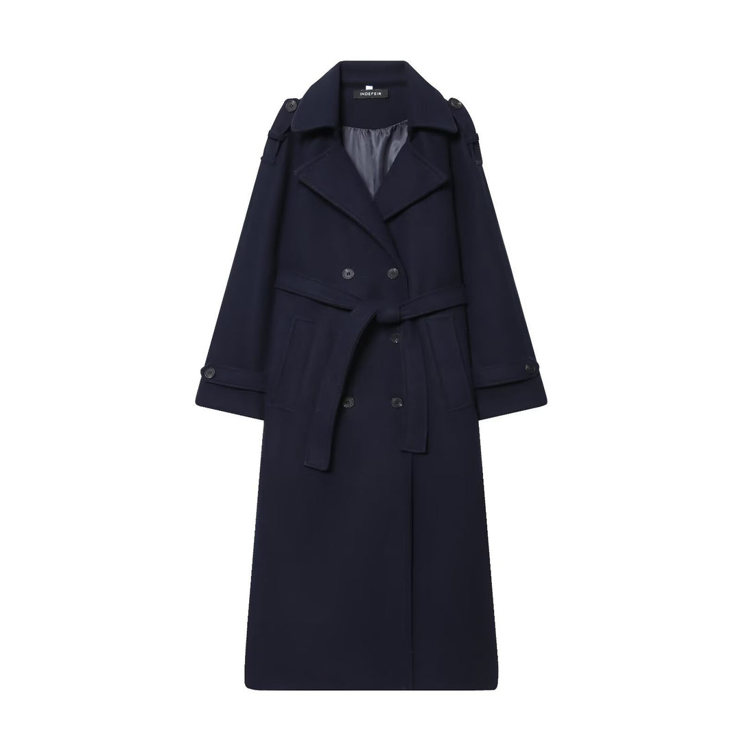 Women's Long Double-Breasted Wool Coat with Waist Belt and Epaulettes Mune Fashion
