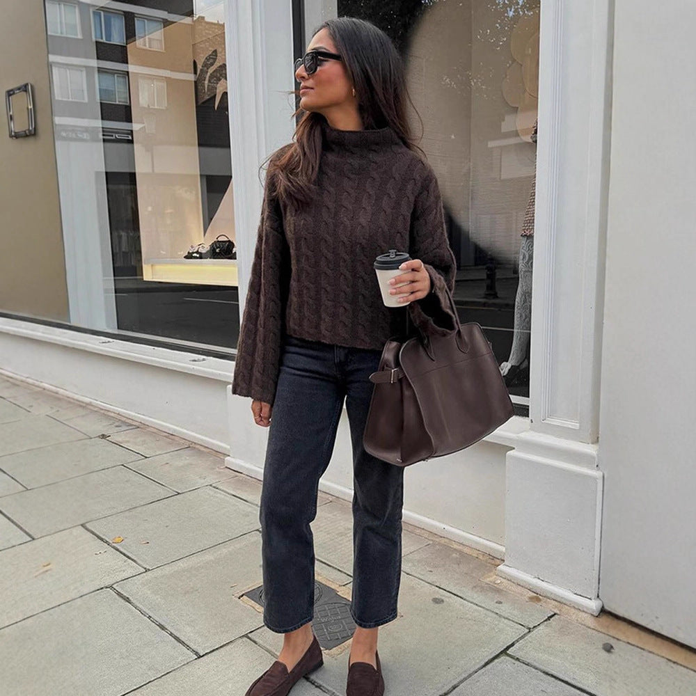 Women's Short-Cut Cable Knit Sweater with Turtleneck & Balloon Sleeves Mune Fashion