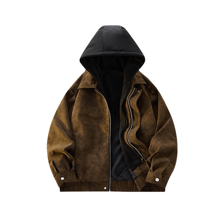 Men's Oversized Suede Look Bomber Jacket with Hood and Double Zipper Mune Fashion
