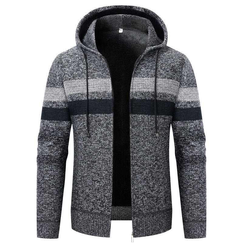 Men's knit zip hoodie with teddy lining, full-length zipper and block stripes Mune Fashion