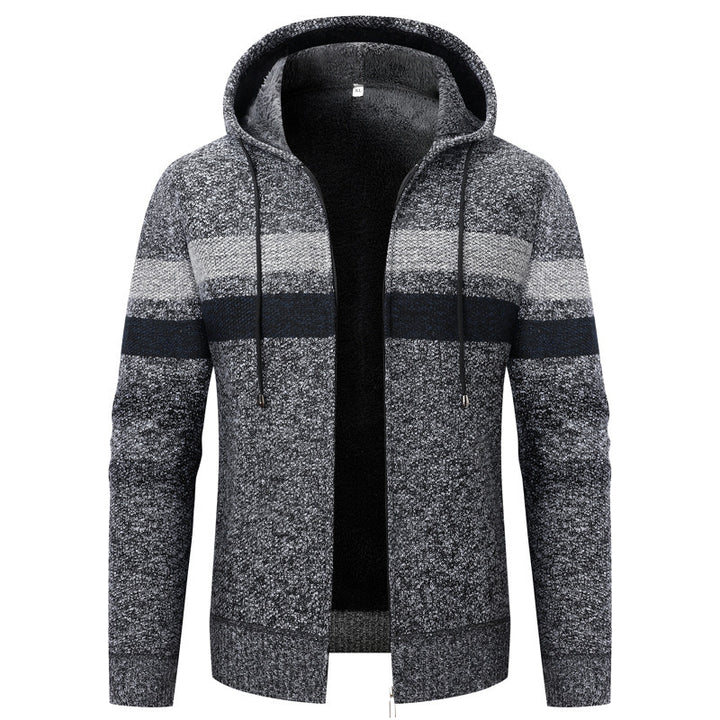 Men's knit zip hoodie with teddy lining, full-length zipper and block stripes Mune Fashion