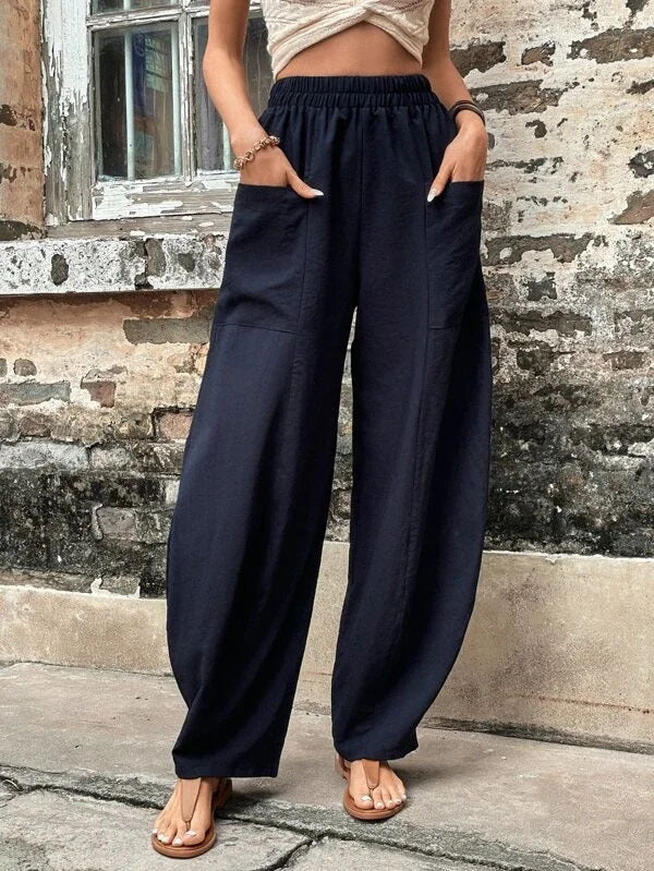 Women Wide Linen Trousers with Elastic Waistband, Patch Pockets and Casual Harem Cut Mune Fashion