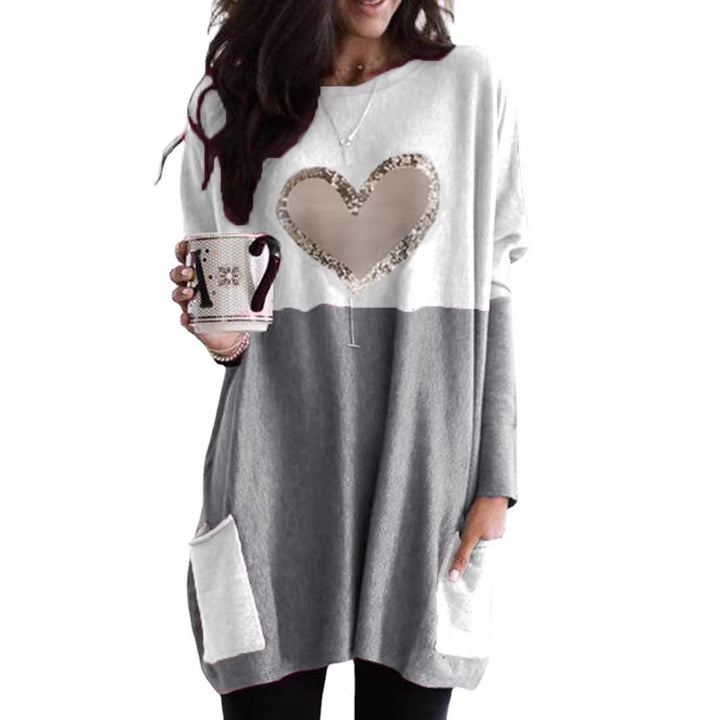 Women's Oversized Long Sweater Tunic with Sequin Heart and Patch Pockets Mune Fashion