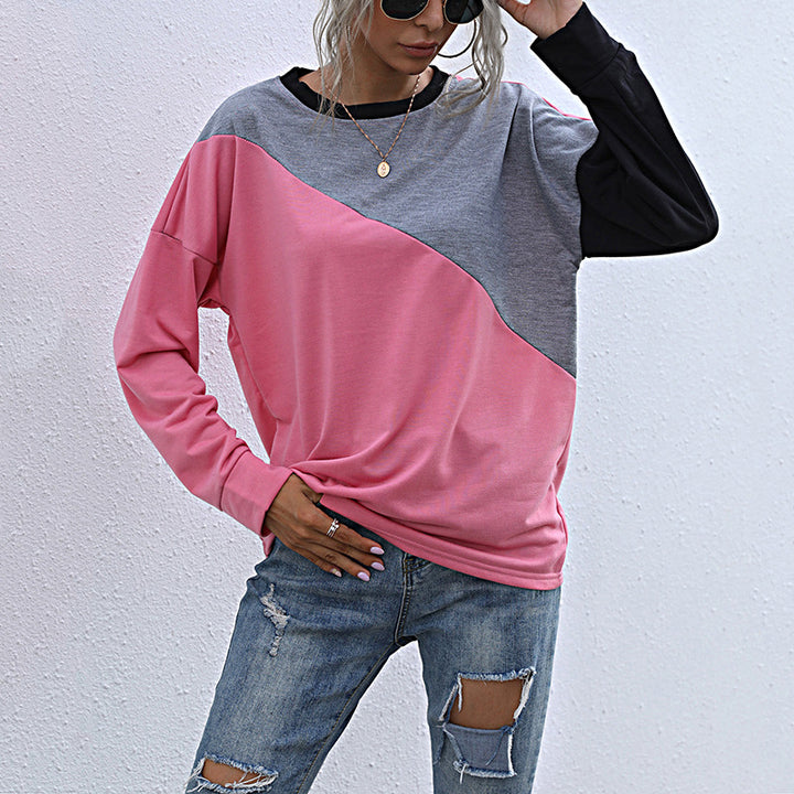 Women's Casual Color Block Sweatshirt with Diagonal Split and Raglan Sleeves Mune Fashion
