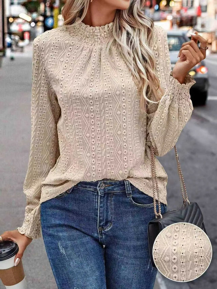 Women’s lace blouse with gathered stand-up collar and smocked sleeves Drune