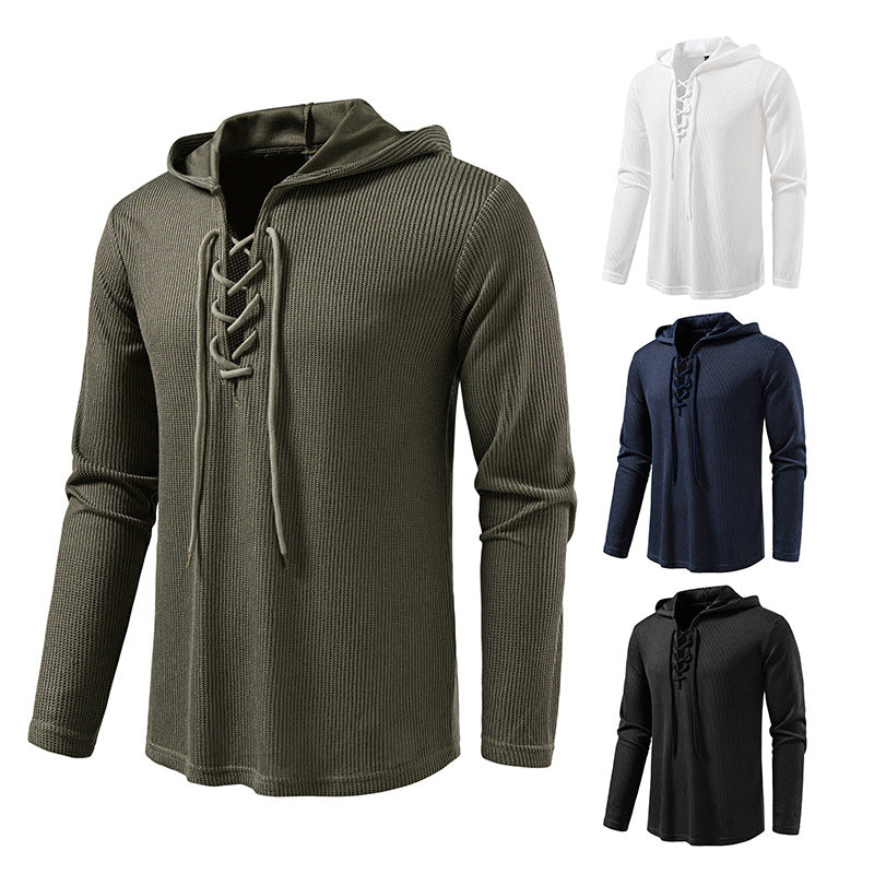 Men's waffle knit hoodie with lace-up collar and straight hem Mune Fashion