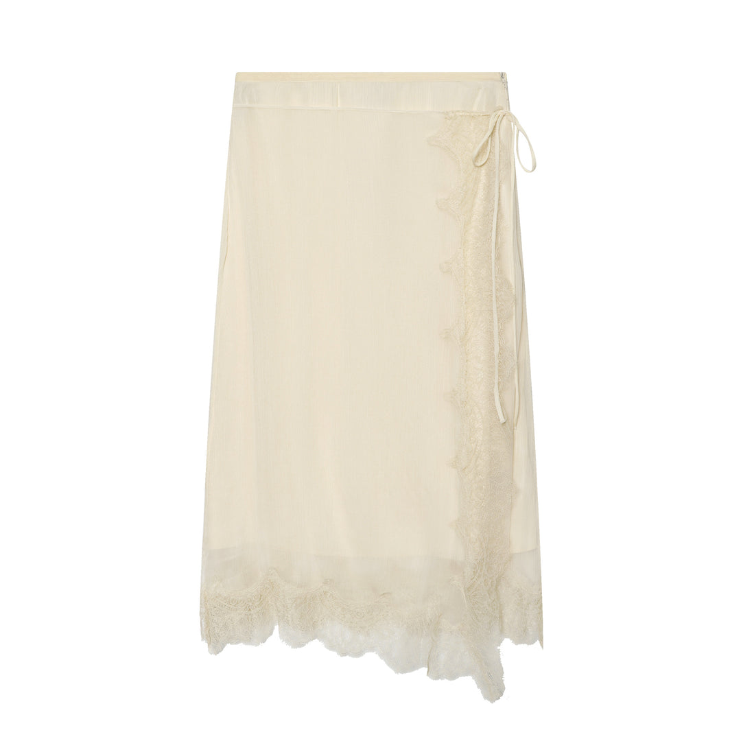 Women's semi-transparent wrap midi skirt made of chiffon with lace and tie band