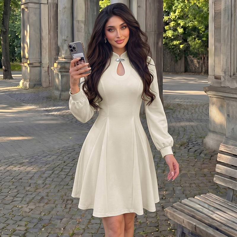 Women's elegant fitted skater dress with stand-up collar, keyhole detail & long balloon sleeves Mune Fashion