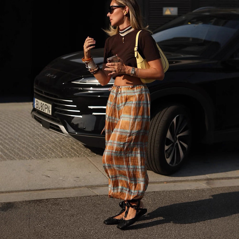 Women wide plaid harem pants with elastic waistband, drawstring & gathered ankle cuffs Mune Fashion