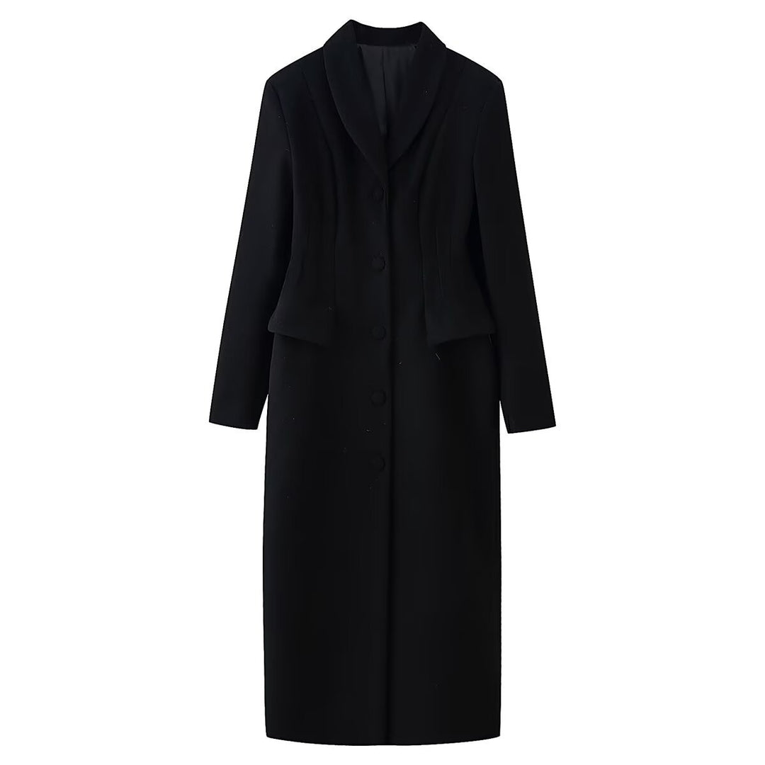 Women's tailored long coat with shawl collar and peplum waist Mune Fashion