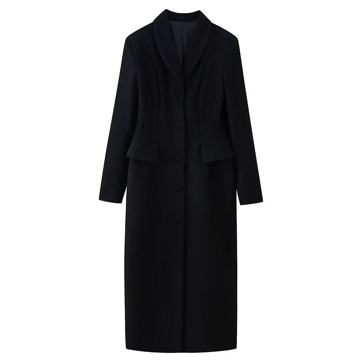 Women's tailored long coat with shawl collar and peplum waist Mune Fashion